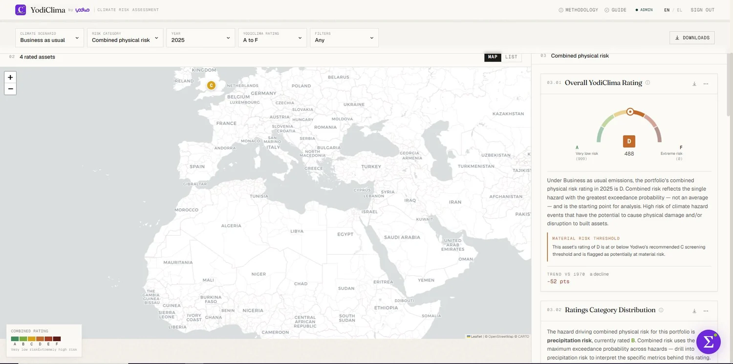 Climate Risk Assessment tool — asset-level physical climate risk screenshot