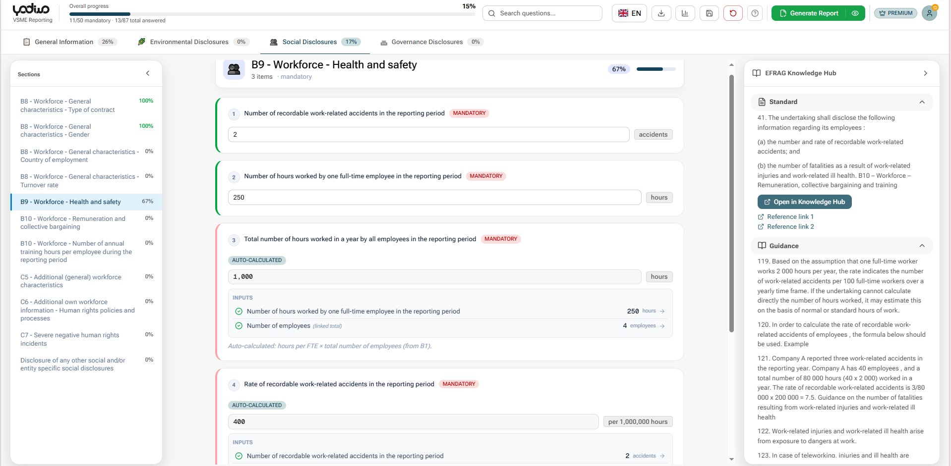 VSME reporting tool — auto-calculated ESG KPIs and mandatory field tracking