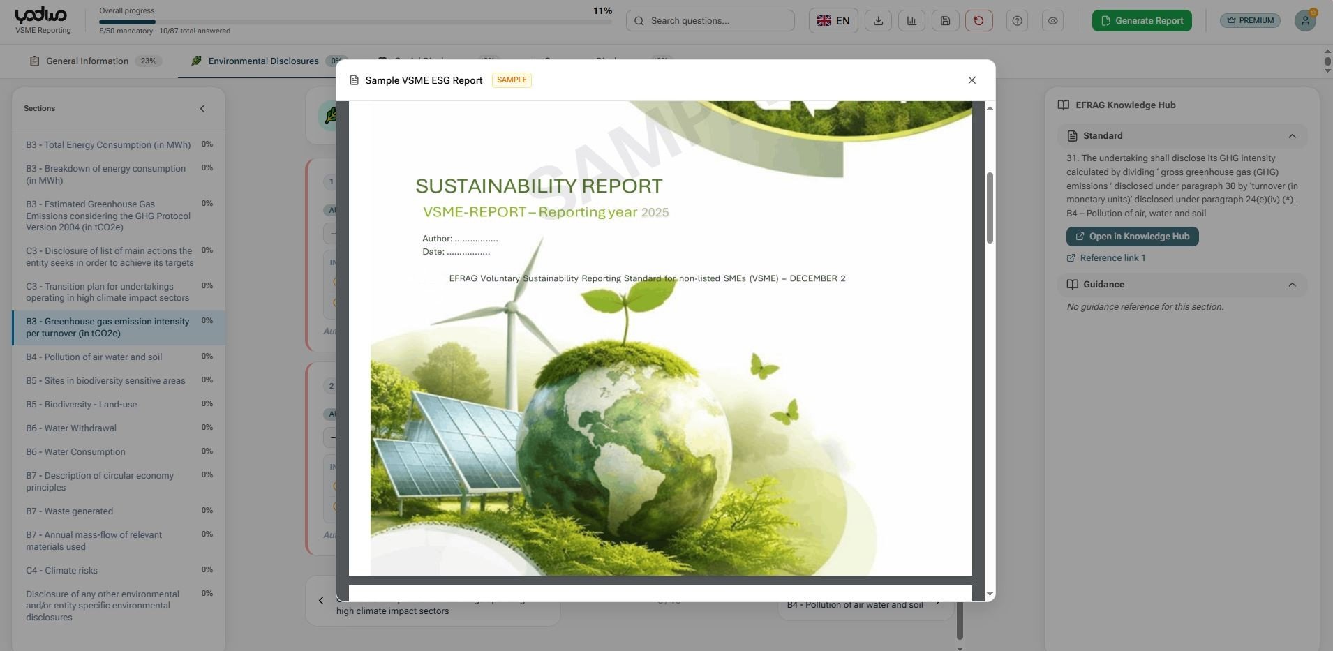 VSME EFRAG-aligned ESG sustainability report preview — PDF and XBRL export