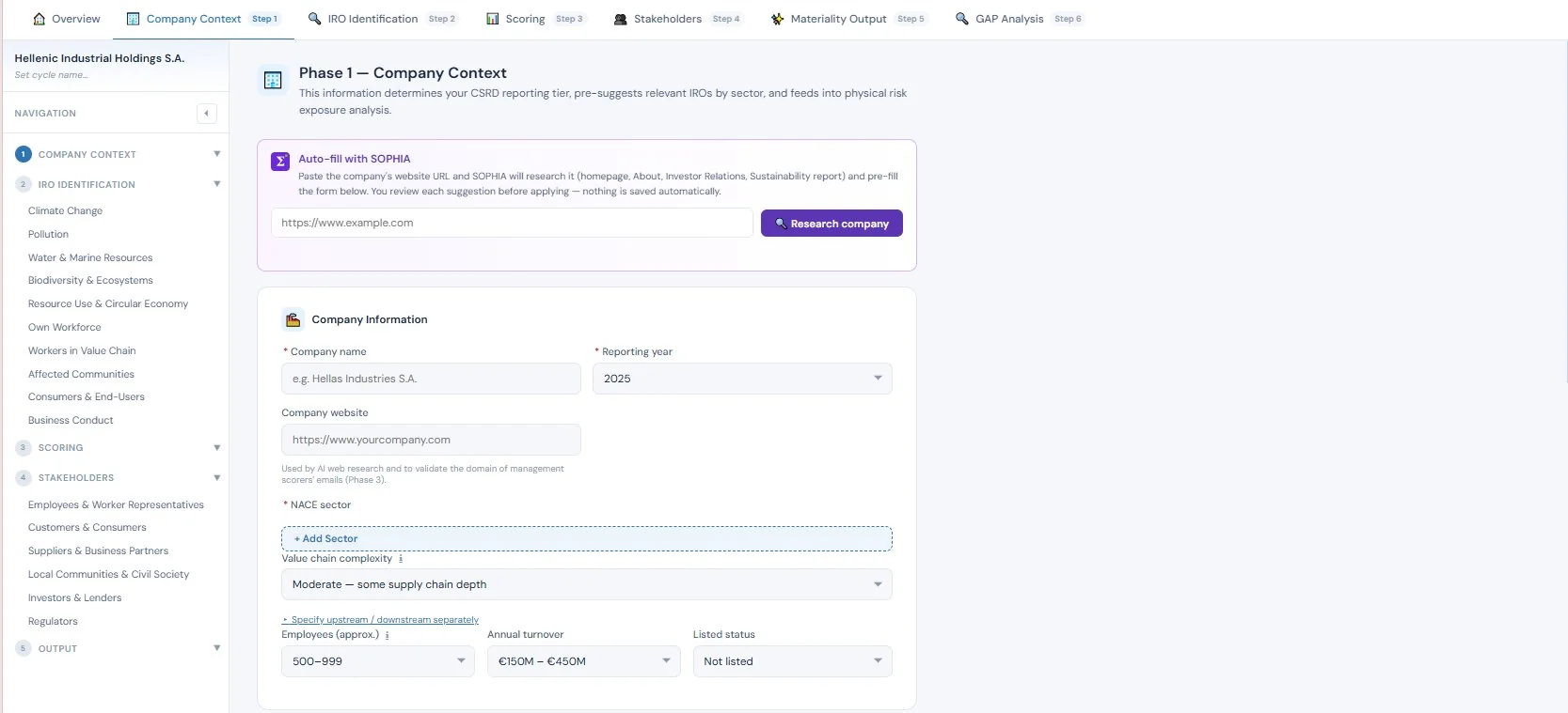 ESRS DMA tool — Phase 1 Company Context screen