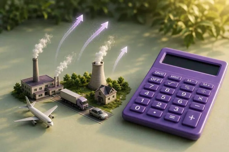 Yodiwo Carbon Calculator showing Scope 1, 2 and 3 GHG emissions breakdown for SMEs