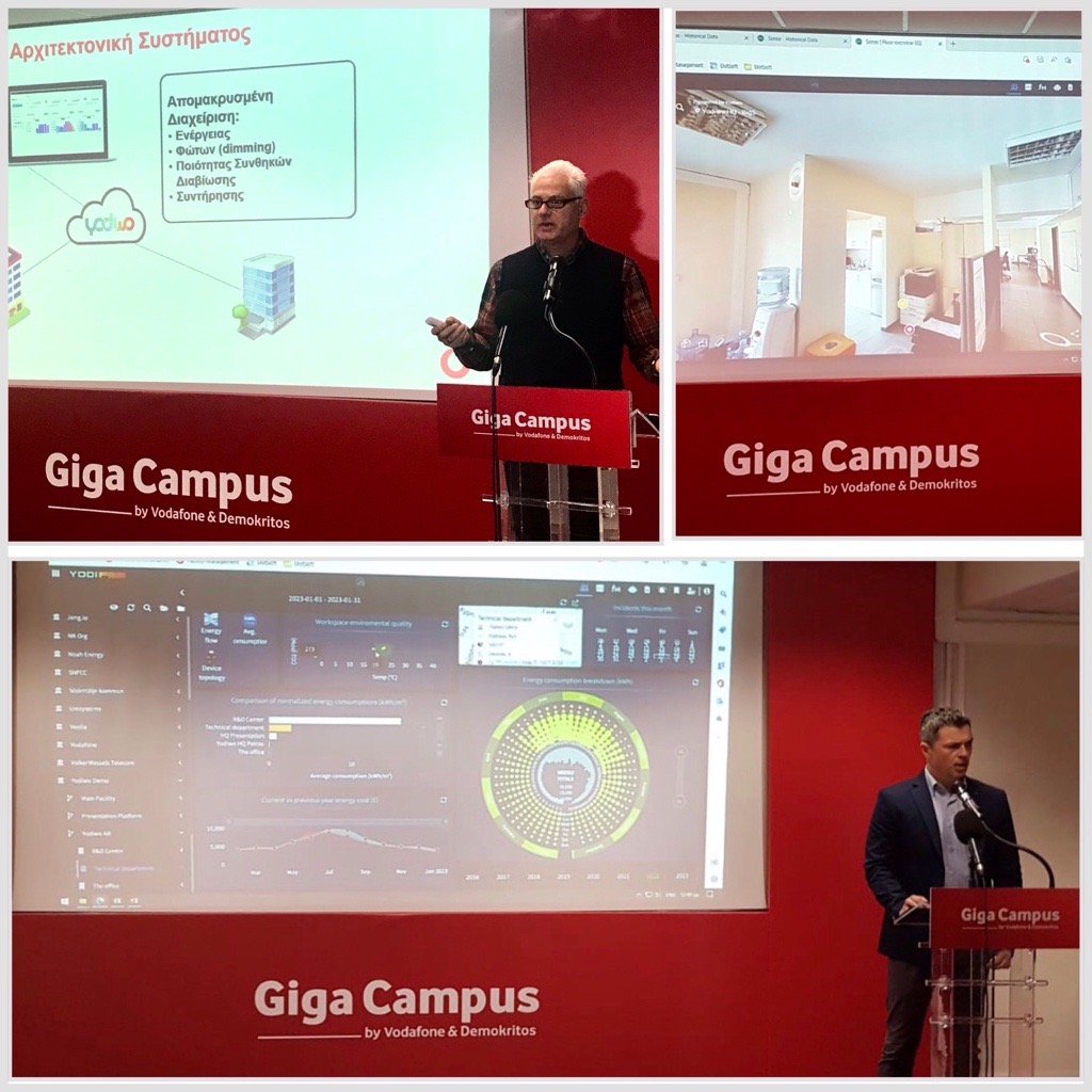 A collage featuring Yodiwo's representatives at the Giga Campus event on red background.
